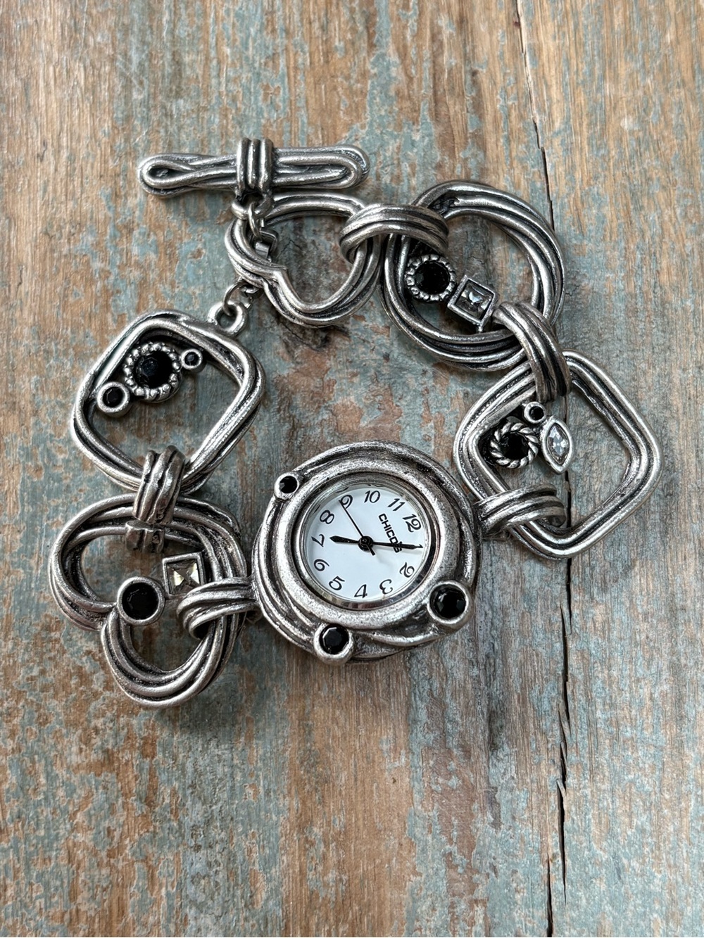 Chico's Vintage Silver-Tone Heart and Square Link Bracelet Watch